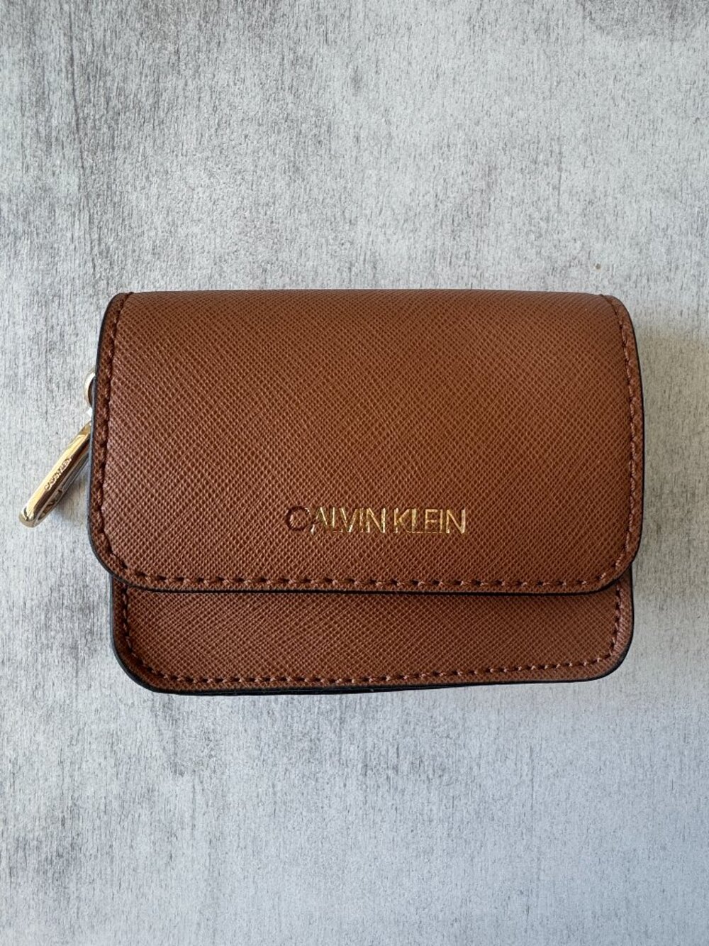 Calvin Klein MINI Card Case Folding Wallet Key Chain Holder Brown Faux Leather